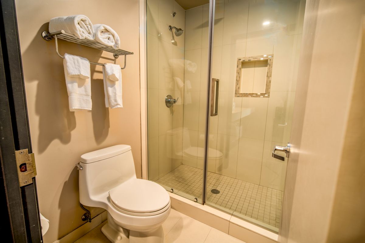 The image shows a bathroom with a toilet, a glass-enclosed shower, and a shelf holding towels and toiletries above the toilet, neatly arranged.