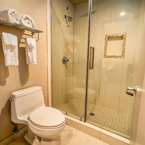 The image shows a bathroom with a toilet, glass-enclosed shower, and a shelf with towels above the toilet, ending the sentence.