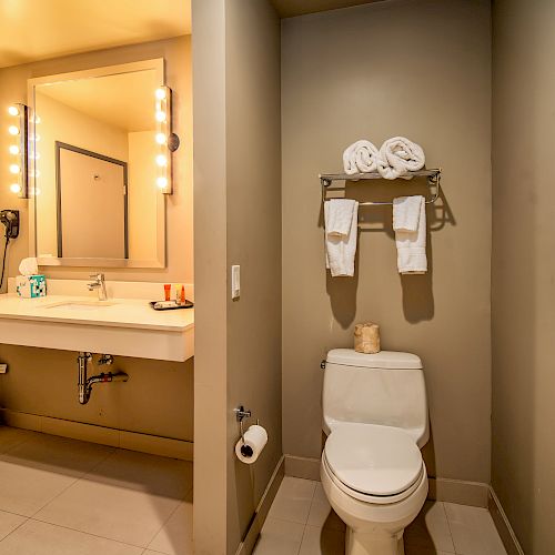 A bathroom features a sink with a large mirror, a toilet, towels on racks, a trash can, and wall-mounted lighting.