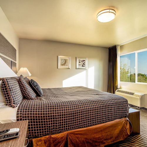 A modern bedroom with a large bed, patterned bedding, bedside tables with lamps, framed artwork, a window with curtains, and a view outside.